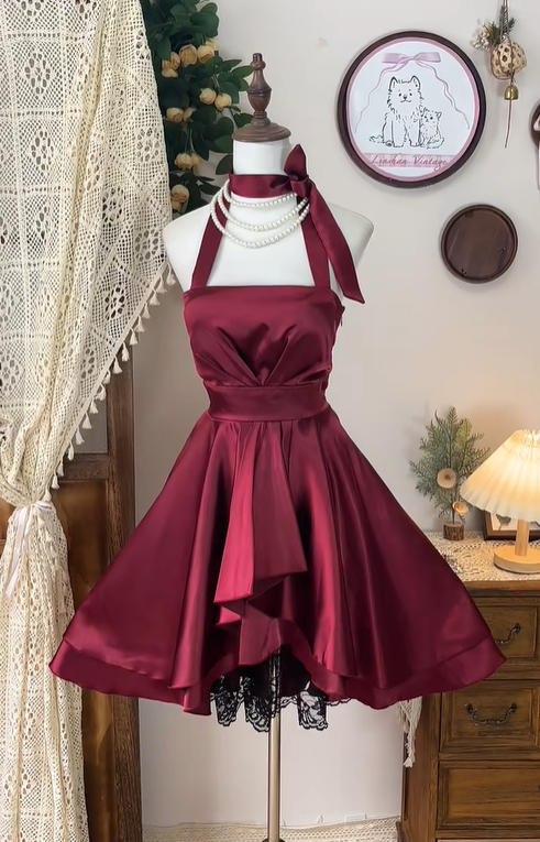 Vintage Burgundy Satin Lace A Line Homecoming Dress Halter Cocktail Dress cc3083