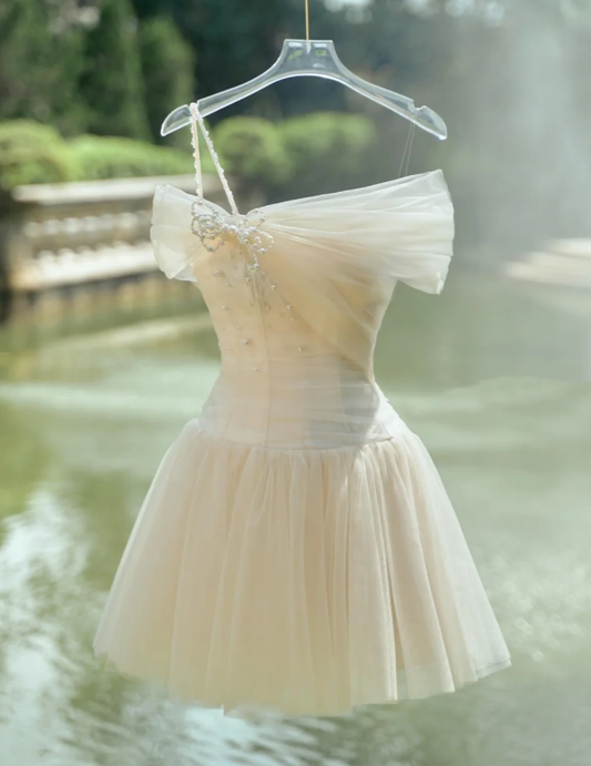 Simple Light Champagne Tulle A Line Homecoming Dress Short Birthday Dress cc3158