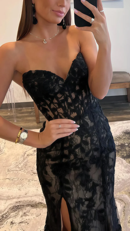 Sexy Tulle Lace Slit Evening Gown,Black Mermaid Long Prom Party Dress cc2463