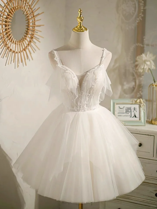 Beautiful Spaghetti Straps Tulle Beaded White ALine Short Homecoming Dress Mini 15th Birthday Outfits cc3425