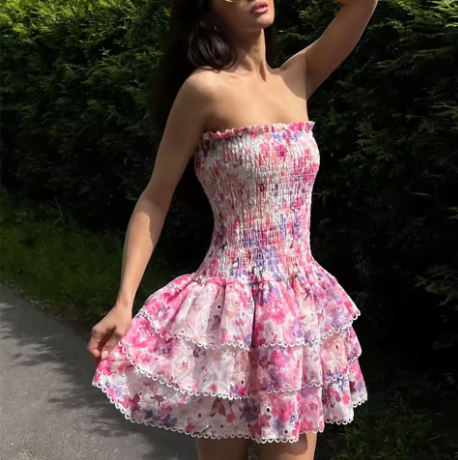 Beautiful Pink Print Floral A Line Birthday Outfits Strapless Homecoming Dress cc3191