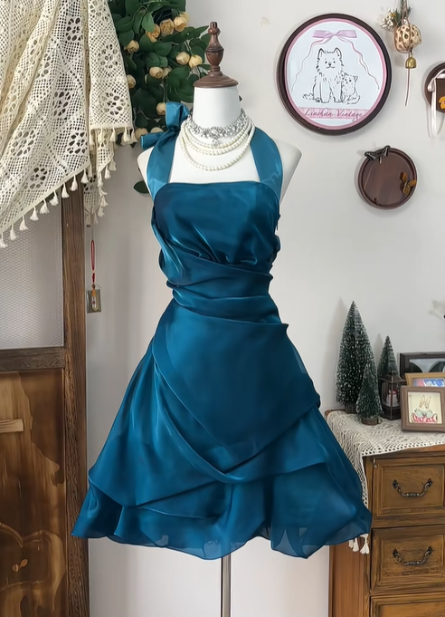 Unique Peacock Blue Halter Pleated A Line Homecoming Dress Mini Cocktail Dress cc3102