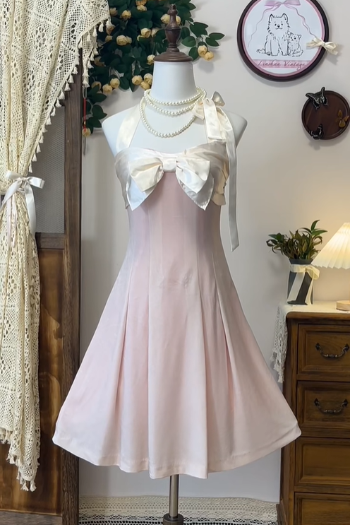 Cute Pink Halter Bow A Line Homecoming Dress Short Birthday Outfits cc3114