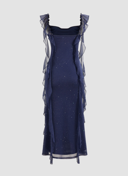 Shiny Navy Blue Chiffon Ruffles Long Prom Dress Elegant Evening Dress cc1551