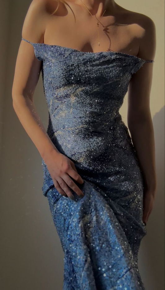 Unique Spaghetti Straps Sequins Beaded Sheath Evening Dress Long Party Prom Dress cc2056
