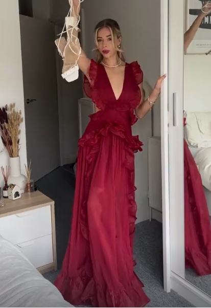Sexy Burgundy Deep V Neck Chiffon Ruffles Slit Party Dress Long Prom Evening Dress cc1858
