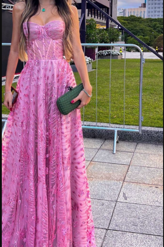 Unique Pink A Line Party Gown Strapless Prom Evening Dress cc2419