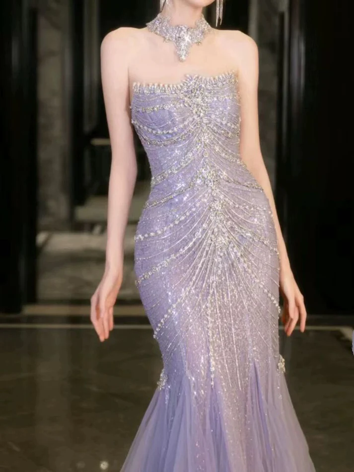 Luxury Lilac Mermaid Strapless Tulle Beaded Long Prom Dress,Evening Dress cc2537