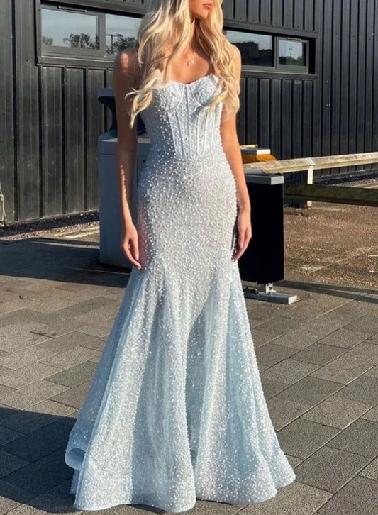 Sparkly Blue Sequin Pearls Beaded Mermaid Evening Dress,Spaghetti Straps Long Prom Party Dress cc2884