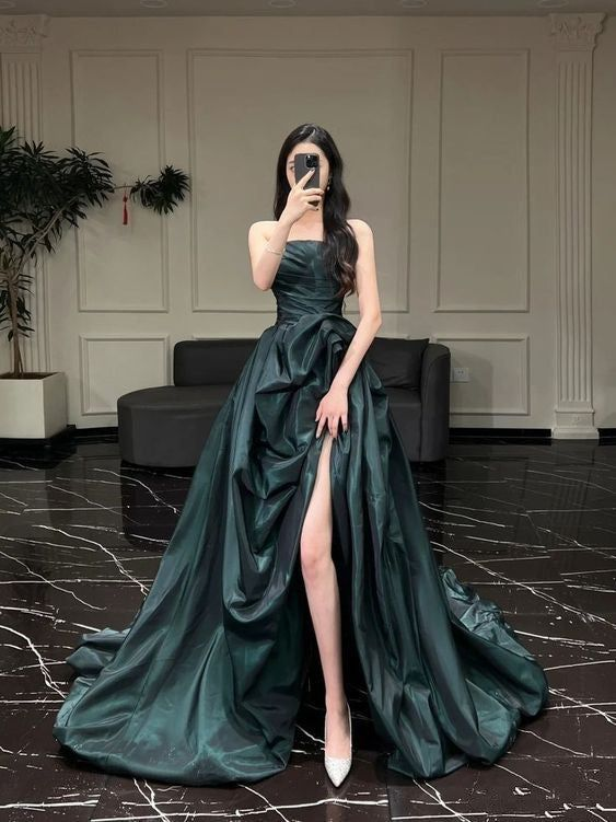 Vintage Green Strapless Satin Prom Dress,Formal Prom Dress Party Dress cc2787