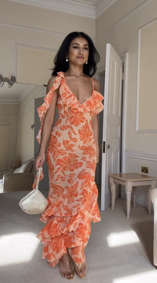 Charming Orange Chiffon Print Floral Evening Gown V Neck Ruffles Party Prom Dress cc2412