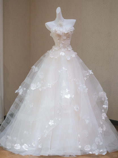 Sweet Strapless White Tulle Appliques Long Wedding Dress Bridal Dress cc3464