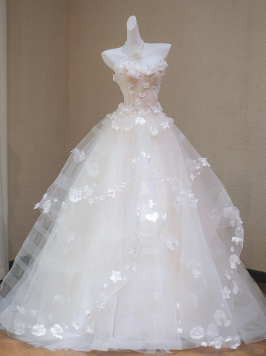 Sweet Strapless White Tulle Appliques Long Wedding Dress Bridal Dress cc3464