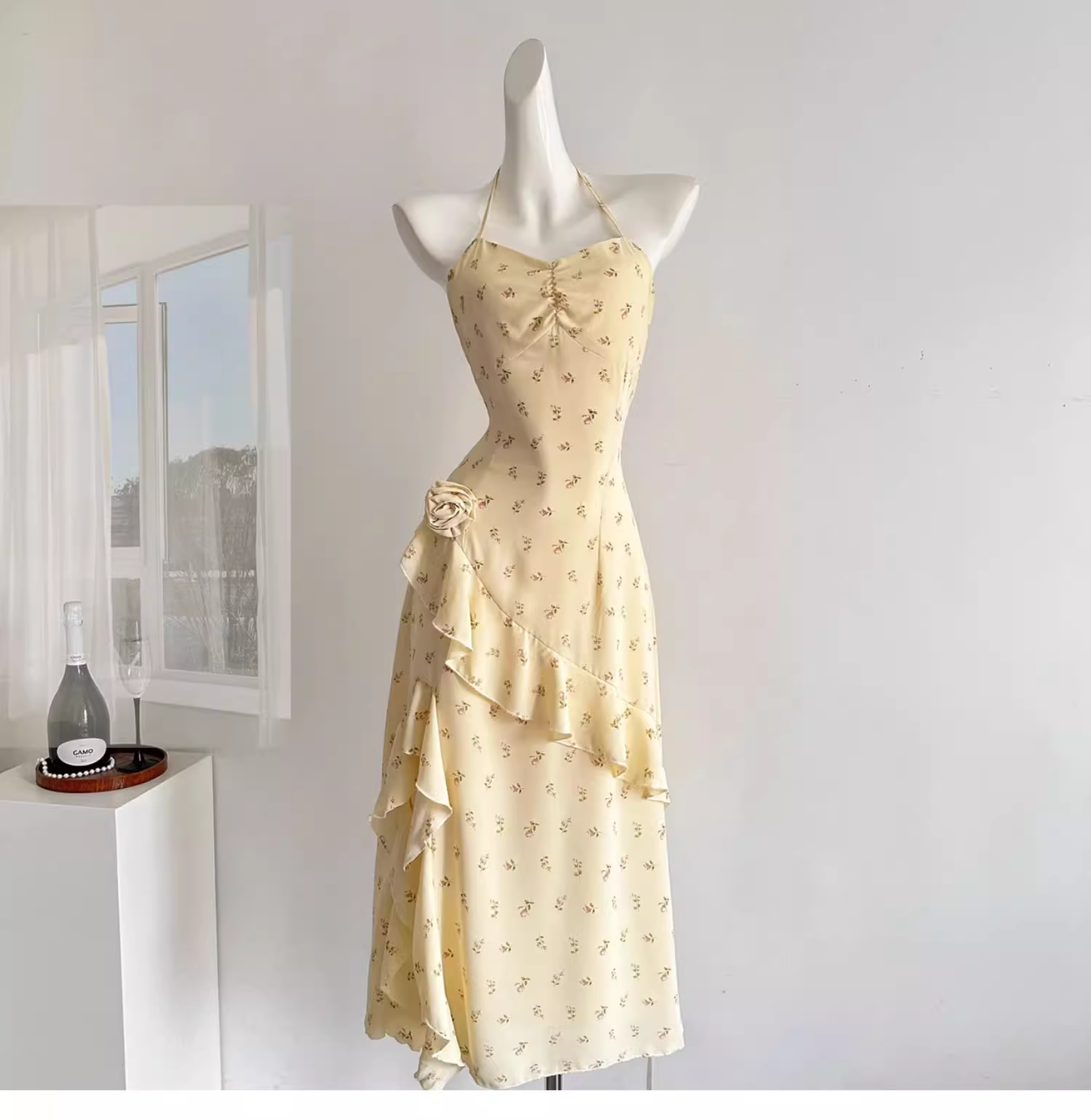 Sweet Slit Irregular Yellow Floral Vacation Dress Two-Piece  cc3059