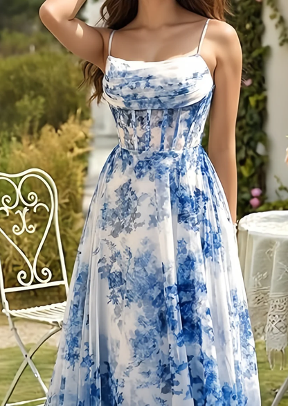 Elegant Spaghetti Strap Blue Chiffon Print Floral Prom Dress ,Formal Slit A Line Evening Dress cc2731