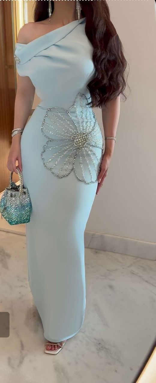 Classy One Shoulder Satin Beaded Prom Dress,Blue Formal Party Dress Evening Gown cc2714