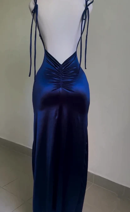 Spaghetti Straps Sheath Prom Dress Navy Blue Backless Party Evening Dress cc1466