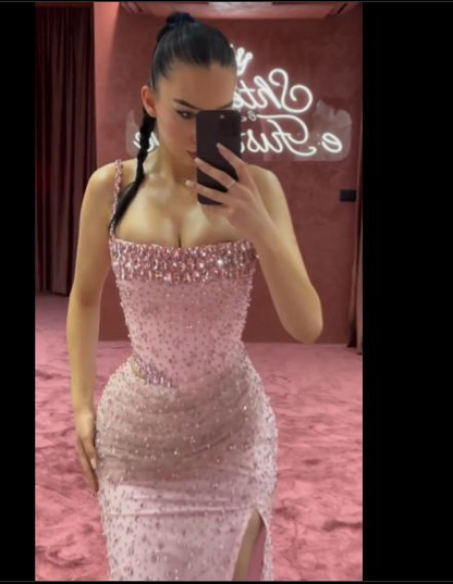 Gorgeous Pink Beaded Mermaid Slit Prom Dress Evening Dress cc2500