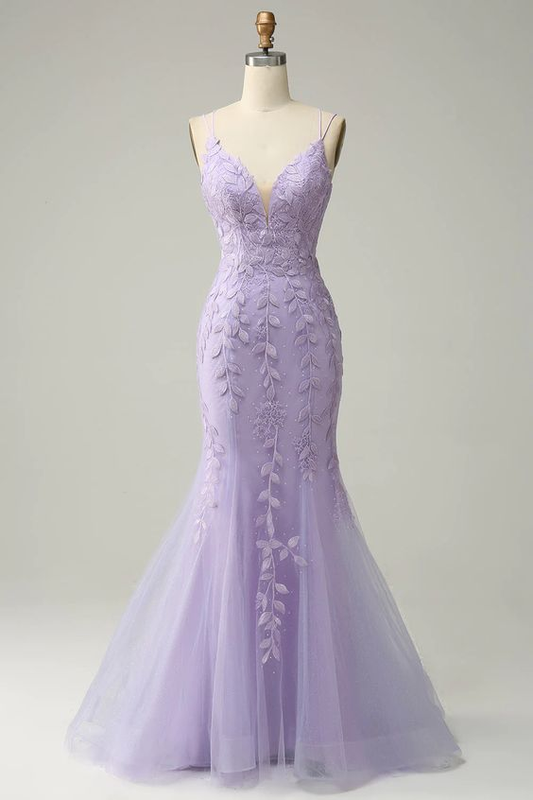 Purple Spaghetti Straps Mermaid Long Prom Dress With Appliques cc1257