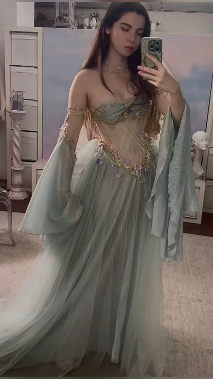 Classy Gray Blue Tulle Appliques Evening Dress,Off Shoulder Prom Party Gown cc2635