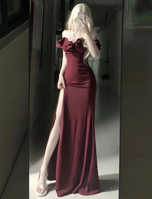 Classy Burgundy Long Evening Dress With Split  cc870