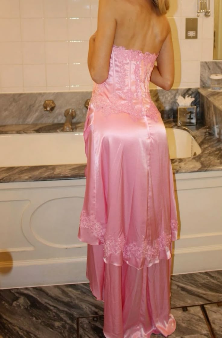 Classy Pink Strapless Satin Appliques Evening Dress Formal Prom Gown cc3032
