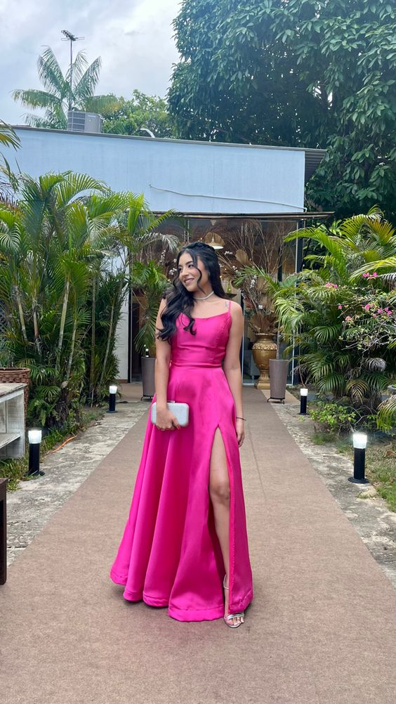 Hot Pink A-Line Long Prom Dress With Split, Senior Prom Dress cc991