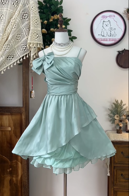 Cute Green Spaghetti Straps Satin Pleated Homecoming Dress Short Birthday Outfits cc3099