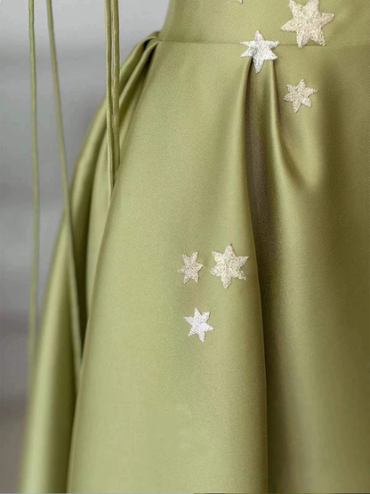 Simple A Line Green Satin Prom Dress Spaghetti Straps Long Party Evening Dress  cc1522