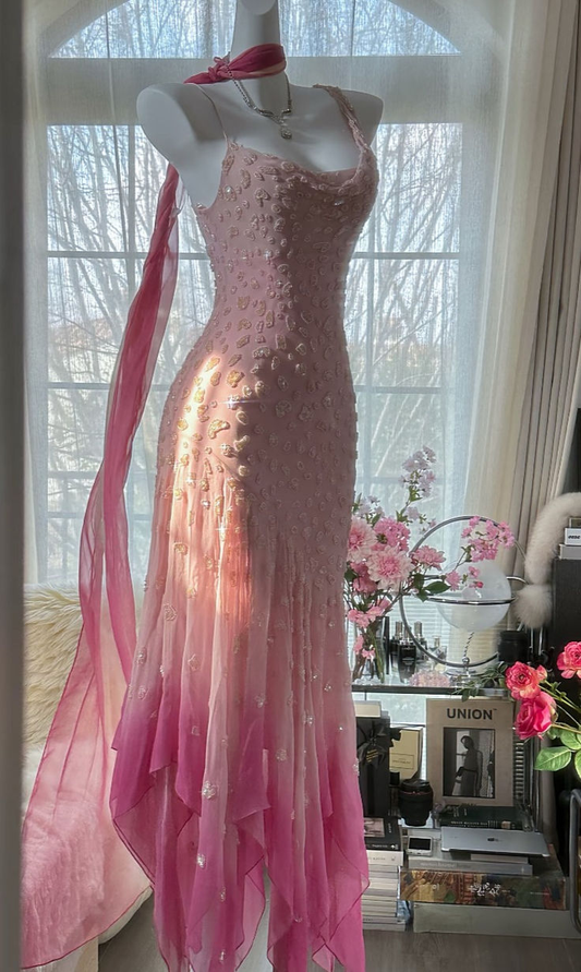 Luxury Pink Spaghetti Straps Chiffon Beaded Mermaid Evening Dress Prom Gown cc3028
