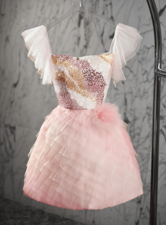Cute Pink Tulle Sequin Short Party Dress Graduation Homecoming Dress cc3195