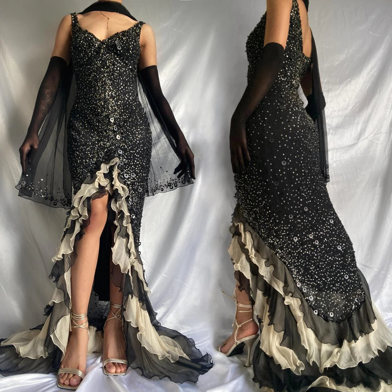 Sparkly Sequins Beaded Ruffles Mermaid Prom Dress Black Party Evening Dress cc2096
