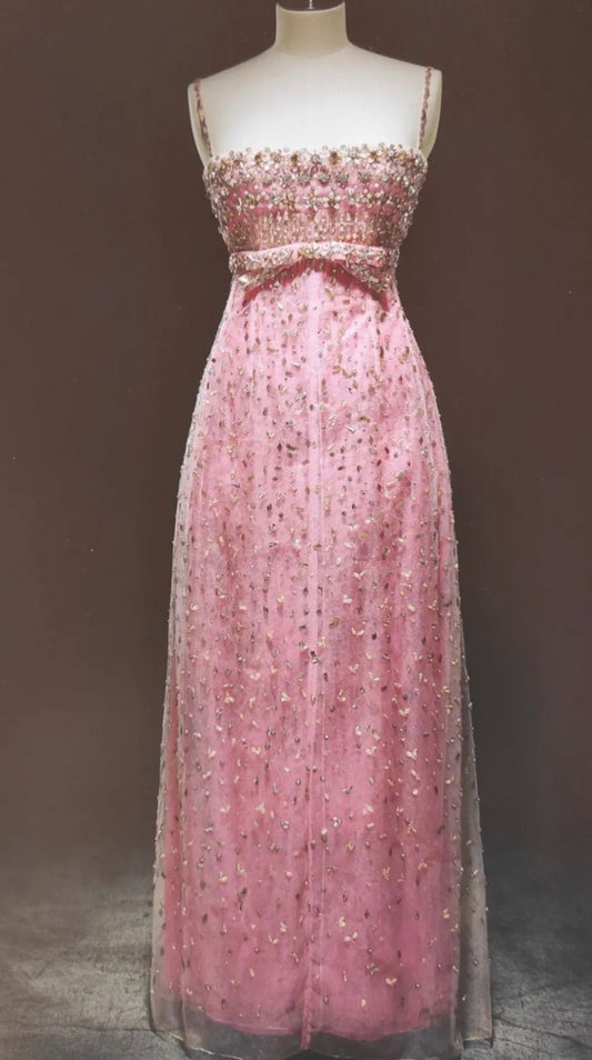 Gorgeous Pink Slim Sequined Beads Tulle Long Prom Dress Evening Dress cc4710