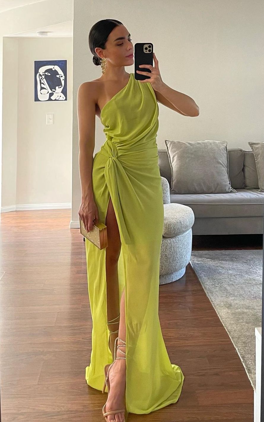 Fashion Green High Slit One Shoulder Pleated Chiffon Long Prom Dress Evening Dress cc4801