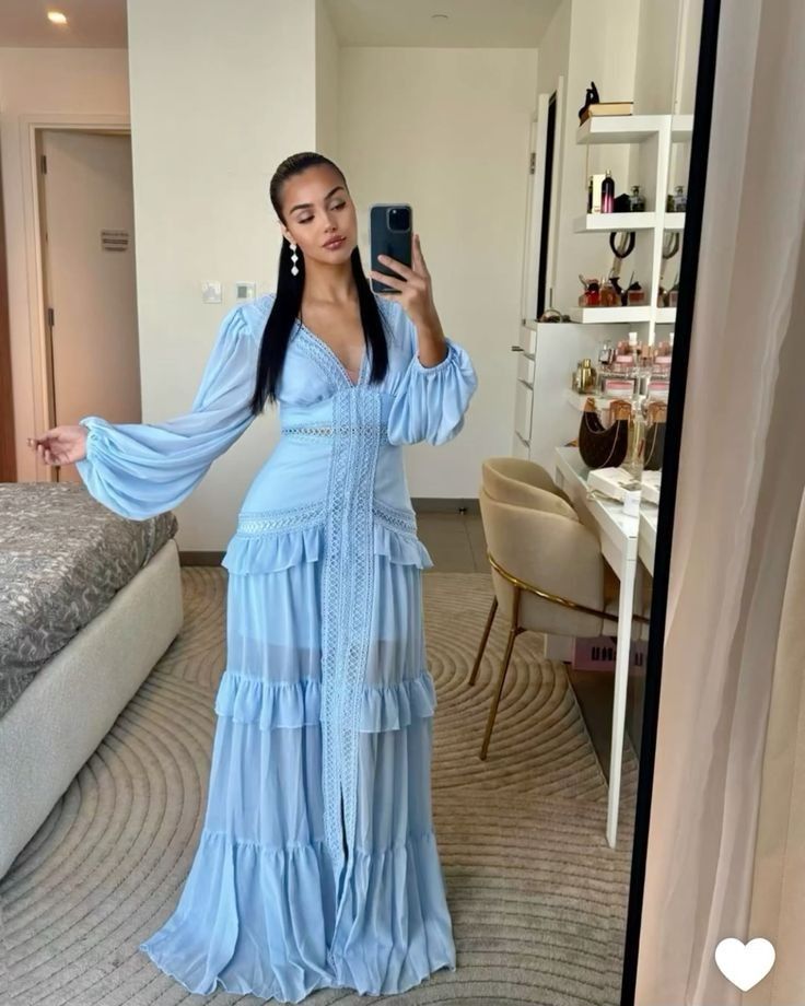 Elegant Blue V-neck Trumpet Long Sleeve Ruffled Chiffon Long Prom Dress Evening Dress cc4805