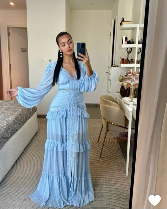 Elegant Blue V-neck Trumpet Long Sleeve Ruffled Chiffon Long Prom Dress Evening Dress cc4805