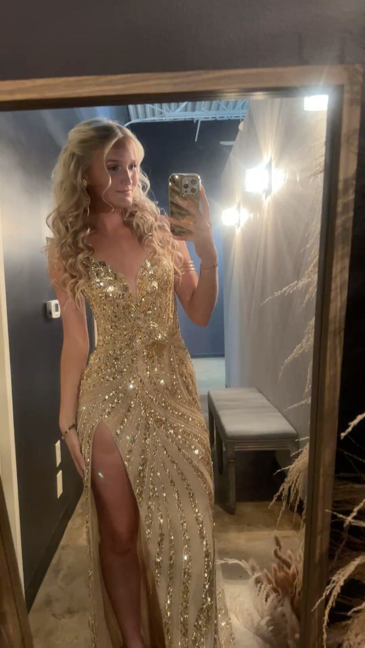 Shining Gold Slit Deep V Neck Sequined Long Prom Dress Evening Dress cc4806