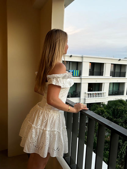 Sweet White One-shoulder Neckline Ruffled Hollow Embroidery A-line Birthday Skirt Homecoming Dress cc4107