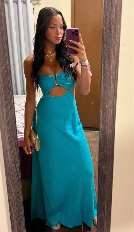 Sexy Lake Blue Slim-fit Tube Top With Hollow Chest Cotton Long Prom Dress Evening Dress cc4711
