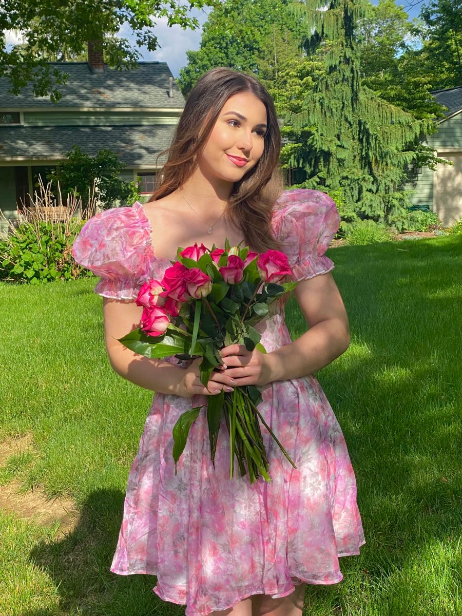 Sweet Pink Printed Puff Sleeve Waist Tulle Birthday Party Homecoming Dress cc4110