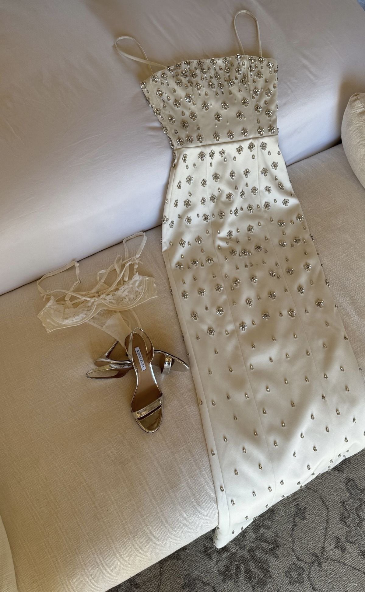 Luxury Ivory Slim Strap Rhinestone Satin Long Prom Dress Evening Dress Bridesmaid Dress cc4810