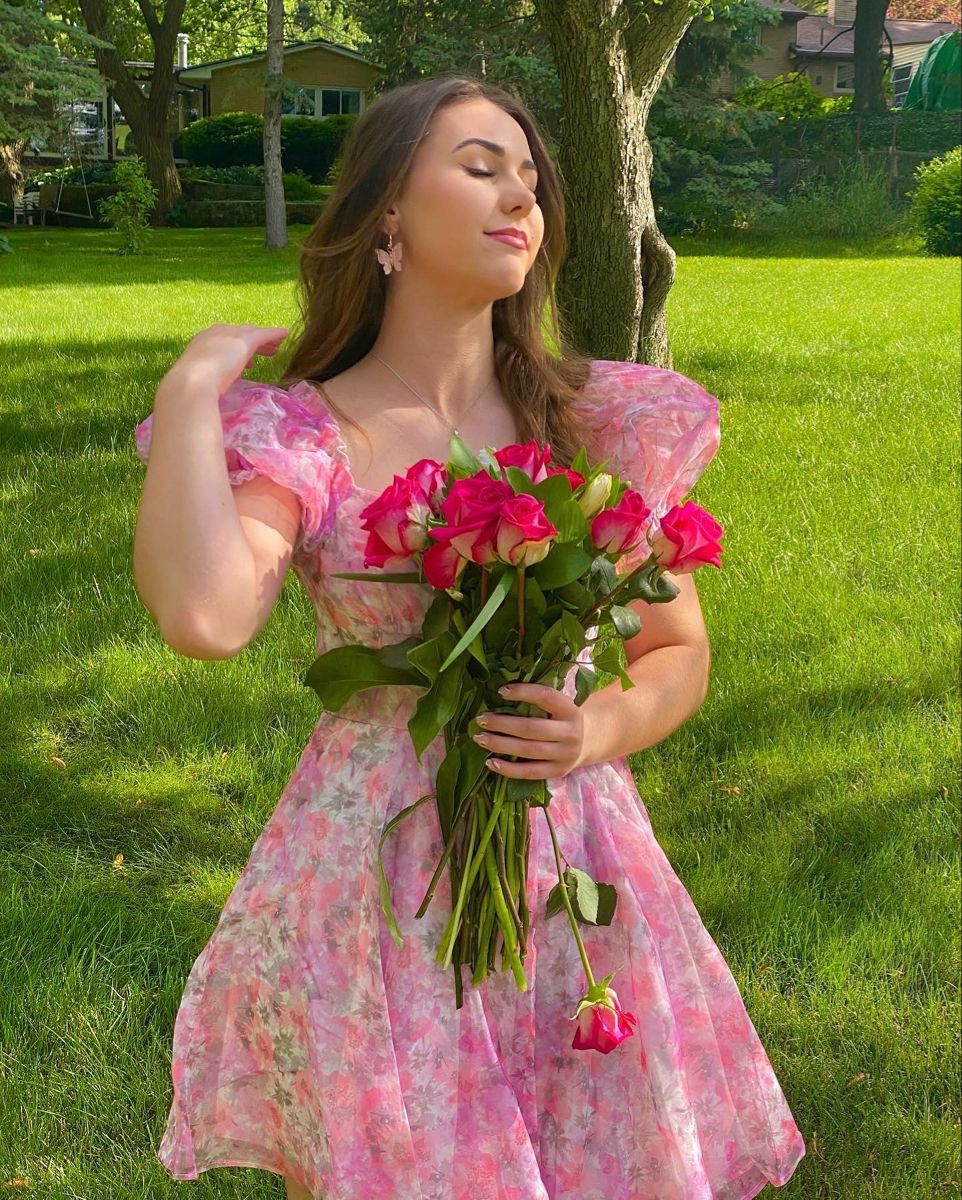 Sweet Pink Printed Puff Sleeve Waist Tulle Birthday Party Homecoming Dress cc4110