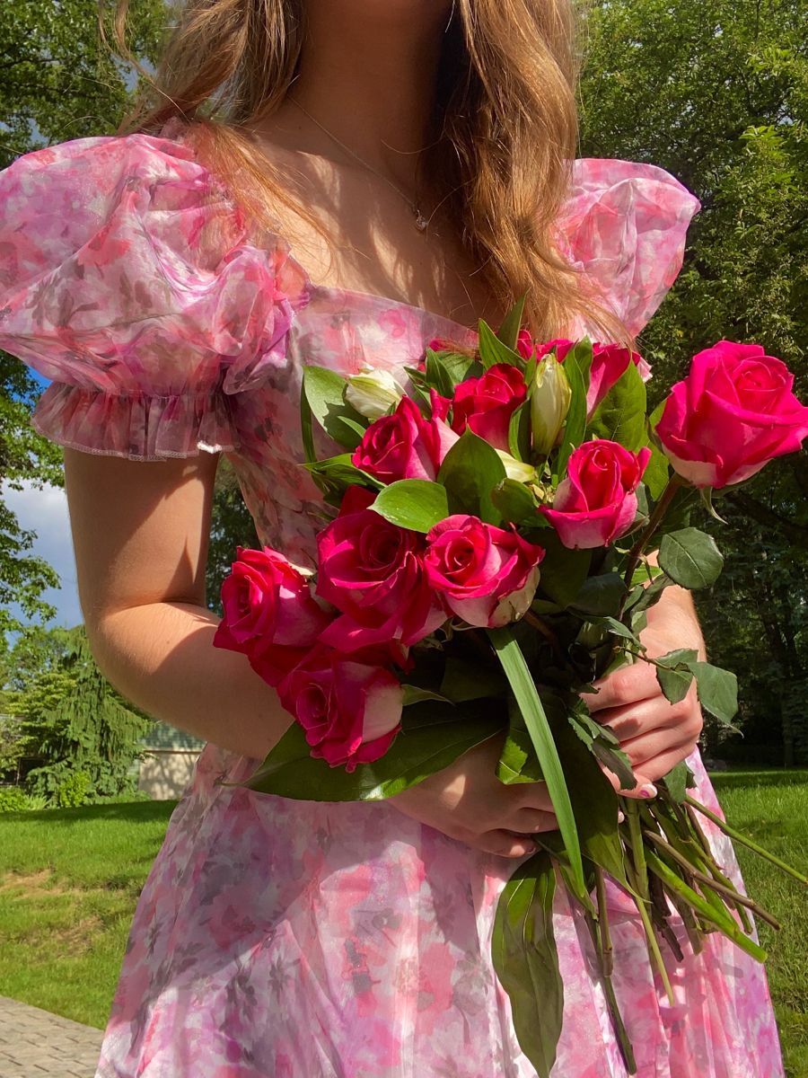 Sweet Pink Printed Puff Sleeve Waist Tulle Birthday Party Homecoming Dress cc4110