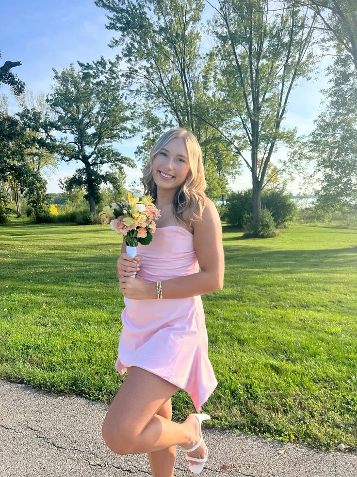 Sweet Light Pink Pleated Slim Satin Irregular Birthday Dress Homecoming Dress cc4112