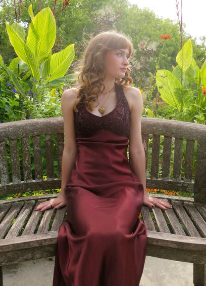Retro Elegant Burgundy Slim Halter Collar Satin Long Prom Dress Evening Dress cc4814