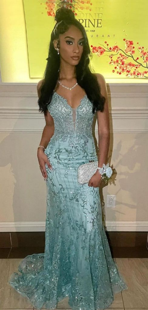 Elegant Mint Green Mermaid Deep V Backless Mesh Sequin Long Prom Dress Evening Dress cc4815