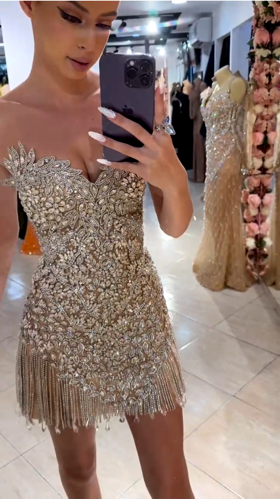 Gorgeous Silver Rhinestone Bandeau V-Neck Tassel Slim Birthday Homecoming Dress cc4115