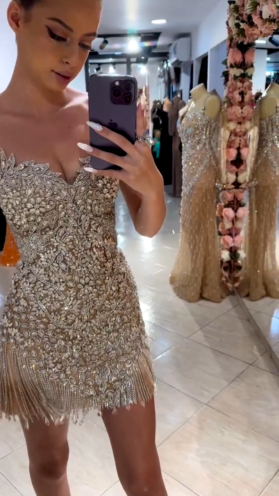 Gorgeous Silver Rhinestone Bandeau V-Neck Tassel Slim Birthday Homecoming Dress cc4115