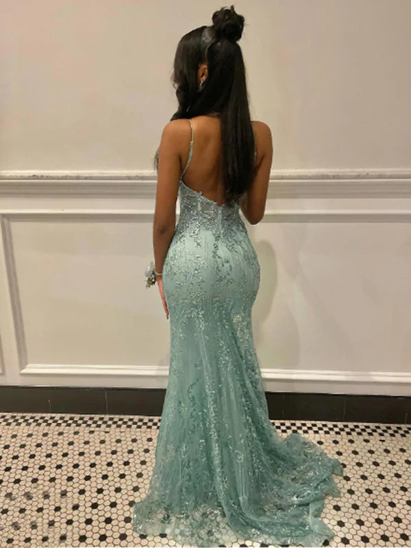 Elegant Mint Green Mermaid Deep V Backless Mesh Sequin Long Prom Dress Evening Dress cc4815