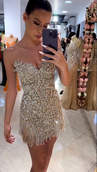 Gorgeous Silver Rhinestone Bandeau V-Neck Tassel Slim Birthday Homecoming Dress cc4115